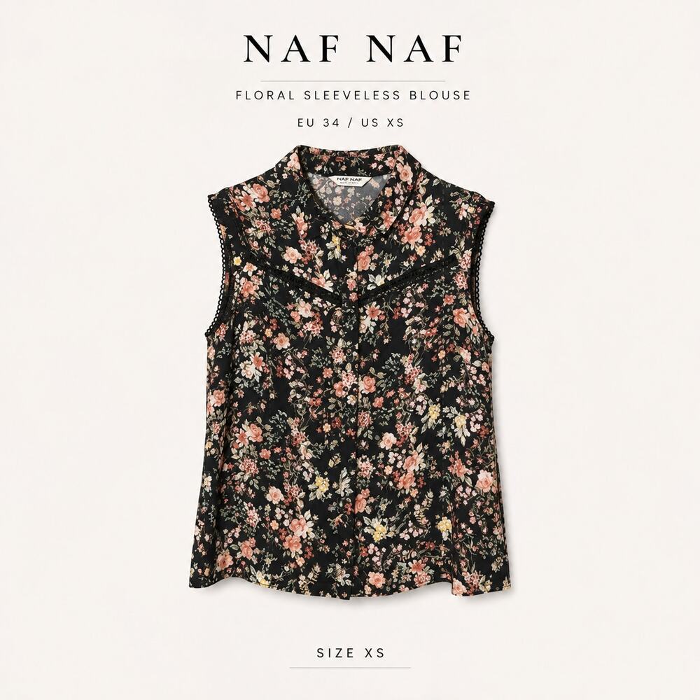 NAF NAF Floral Sleeveless Blouse Women's US XS EU 34 Black Crochet Trim Top